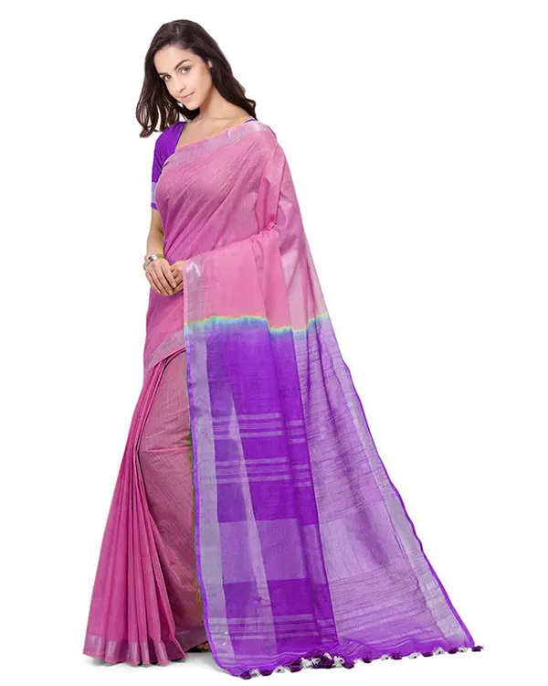 Blush_Pink_&_French_Violet_women's_Handloom_Bhagalpuri_Cotton_Linen_Blend_Two_Dye_Saree_With_Running_Unstitched_Blouse_Piece
