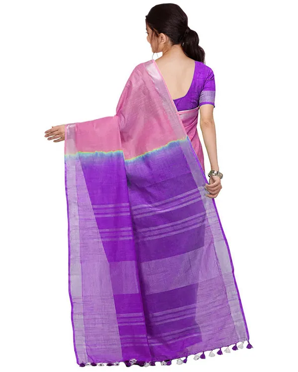 Blush_Pink_&_French_Violet_women's_Handloom_Bhagalpuri_Cotton_Linen_Blend_Two_Dye_Saree_With_Running_Unstitched_Blouse_Piece