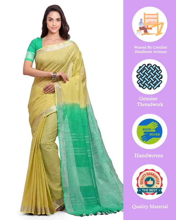 Sunflower_Yellow_&_Aquamarine_Turquoise_women's_Handloom_Bhagalpuri_Cotton_Linen_Blend_Two_Dye_Saree_With_Running_Unstitched_Blouse_Piece