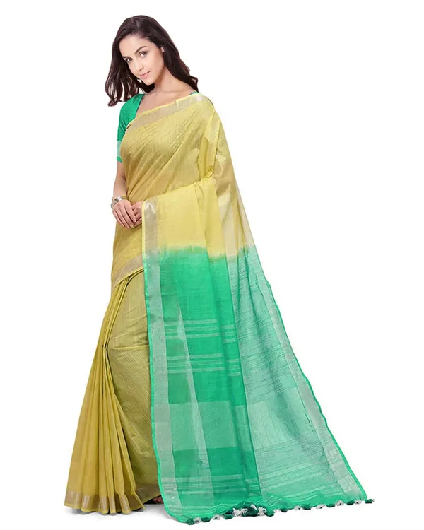 Sunflower_Yellow_&_Aquamarine_Turquoise_women's_Handloom_Bhagalpuri_Cotton_Linen_Blend_Two_Dye_Saree_With_Running_Unstitched_Blouse_Piece