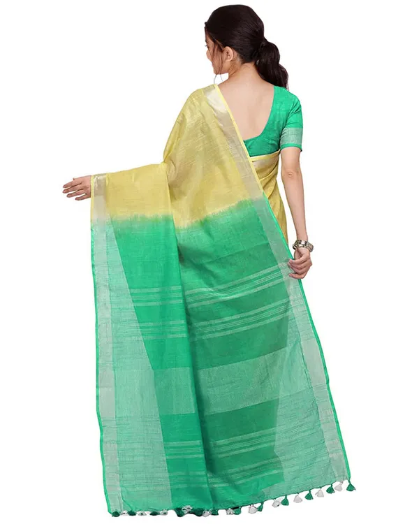 Sunflower_Yellow_&_Aquamarine_Turquoise_women's_Handloom_Bhagalpuri_Cotton_Linen_Blend_Two_Dye_Saree_With_Running_Unstitched_Blouse_Piece