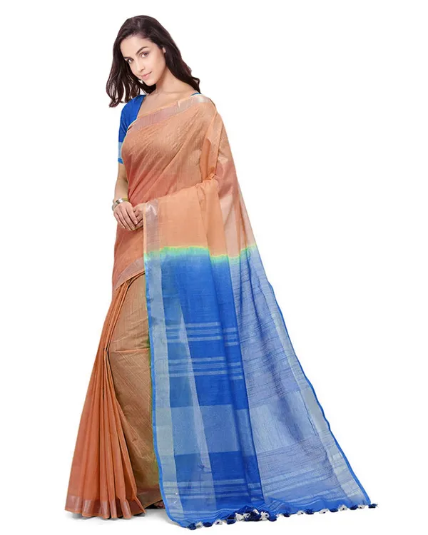 Tangerine_Orange_&_Azure_Cyan_women's_Handloom_Bhagalpuri_Cotton_Linen_Blend_Two_Dye_Saree_With_Running_Unstitched_Blouse_Piece