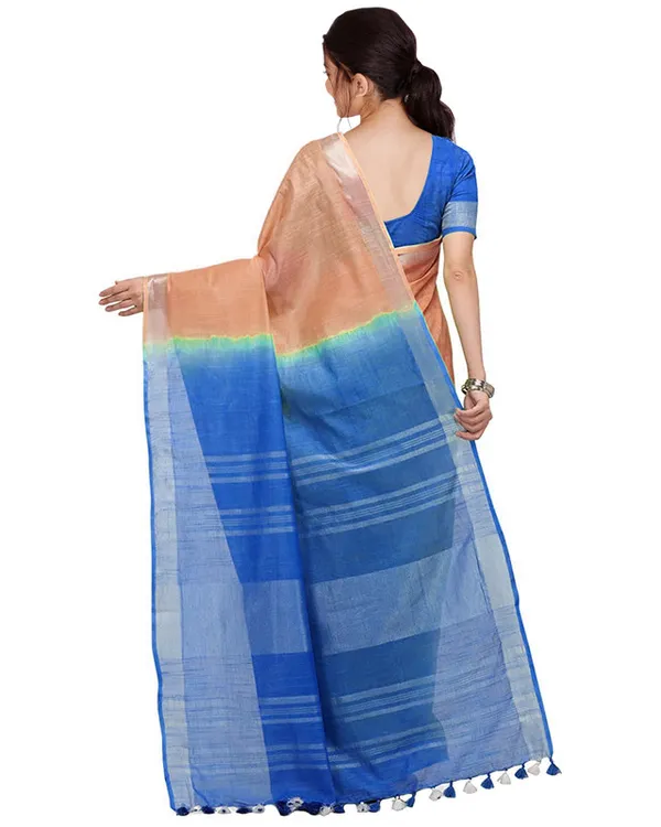 Tangerine_Orange_&_Azure_Cyan_women's_Handloom_Bhagalpuri_Cotton_Linen_Blend_Two_Dye_Saree_With_Running_Unstitched_Blouse_Piece