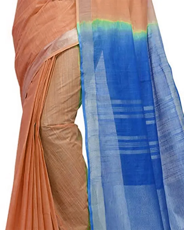 Tangerine_Orange_&_Azure_Cyan_women's_Handloom_Bhagalpuri_Cotton_Linen_Blend_Two_Dye_Saree_With_Running_Unstitched_Blouse_Piece