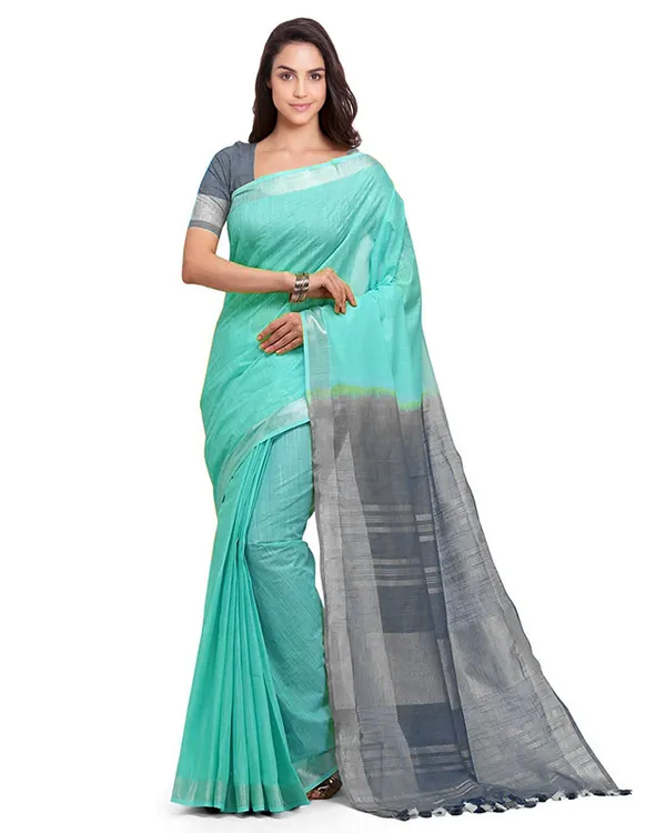 Turquoise_&_Grey_women's_Handloom_Bhagalpuri_Cotton_Linen_Blend_Two_Dye_Saree_With_Running_Unstitched_Blouse_Piece