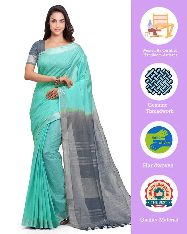 Turquoise_&_Grey_women's_Handloom_Bhagalpuri_Cotton_Linen_Blend_Two_Dye_Saree_With_Running_Unstitched_Blouse_Piece