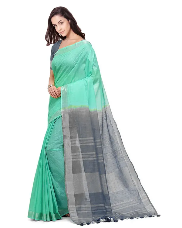 Turquoise_&_Grey_women's_Handloom_Bhagalpuri_Cotton_Linen_Blend_Two_Dye_Saree_With_Running_Unstitched_Blouse_Piece