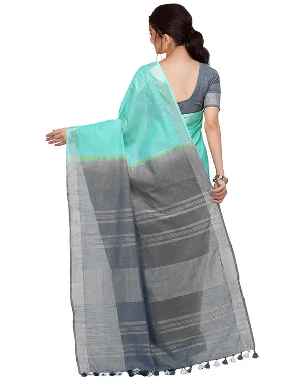 Turquoise_&_Grey_women's_Handloom_Bhagalpuri_Cotton_Linen_Blend_Two_Dye_Saree_With_Running_Unstitched_Blouse_Piece