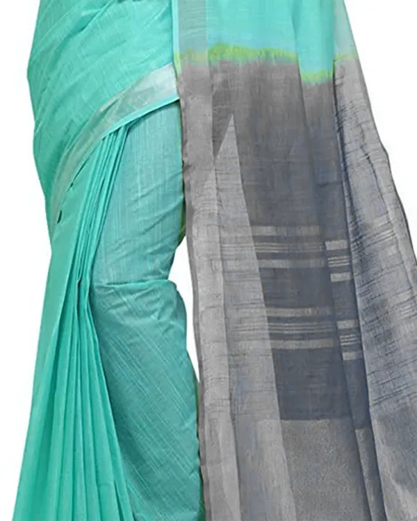Turquoise_&_Grey_women's_Handloom_Bhagalpuri_Cotton_Linen_Blend_Two_Dye_Saree_With_Running_Unstitched_Blouse_Piece
