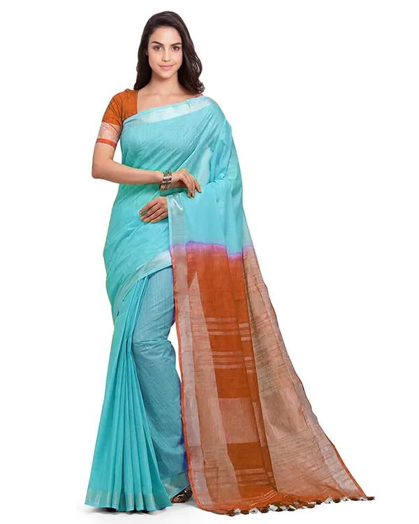 Turquoise_&_Mohangni_Orange_women's_Handloom_Bhagalpuri_Cotton_Linen_Blend_Two_Dye_Saree_With_Running_Unstitched_Blouse_Piece