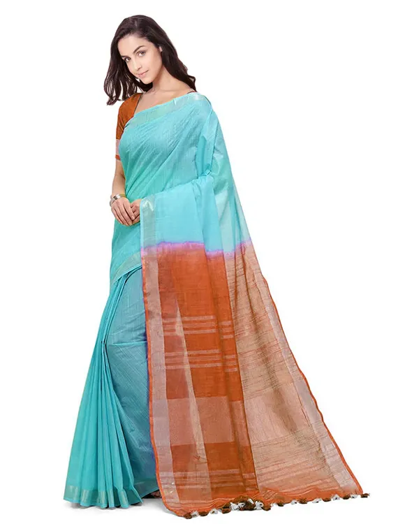 Turquoise_&_Mohangni_Orange_women's_Handloom_Bhagalpuri_Cotton_Linen_Blend_Two_Dye_Saree_With_Running_Unstitched_Blouse_Piece