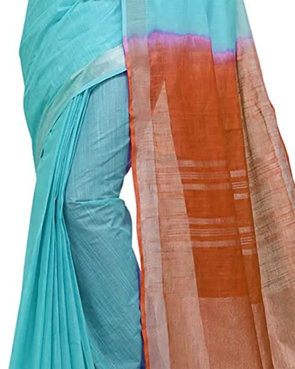 Turquoise_&_Mohangni_Orange_women's_Handloom_Bhagalpuri_Cotton_Linen_Blend_Two_Dye_Saree_With_Running_Unstitched_Blouse_Piece