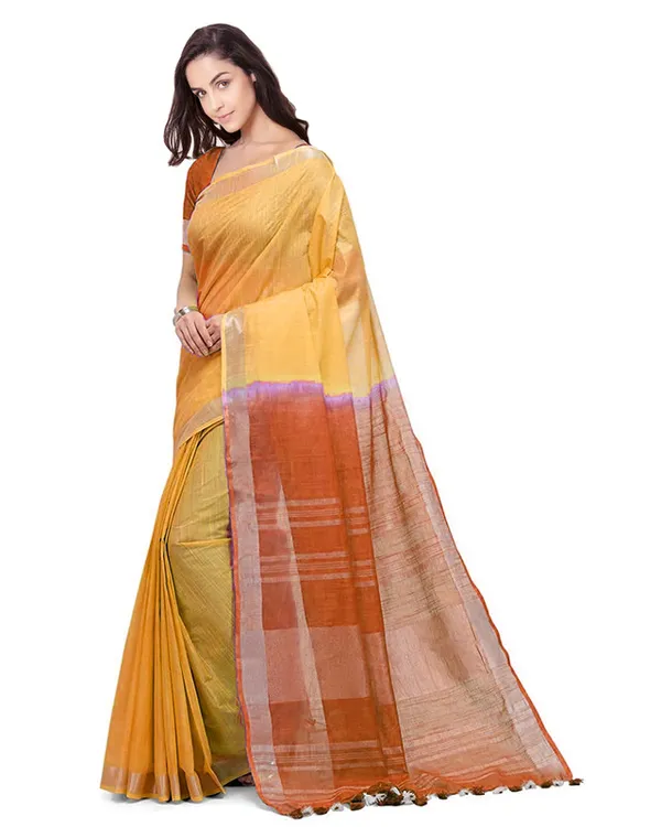 Yellow_&_Mohangni_Orange_women's_Handloom_Bhagalpuri_Cotton_Linen_Blend_Two_Dye_Saree_With_Running_Unstitched_Blouse_Piece