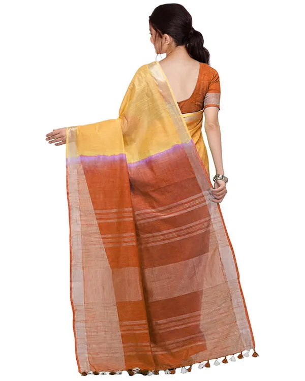 Yellow_&_Mohangni_Orange_women's_Handloom_Bhagalpuri_Cotton_Linen_Blend_Two_Dye_Saree_With_Running_Unstitched_Blouse_Piece