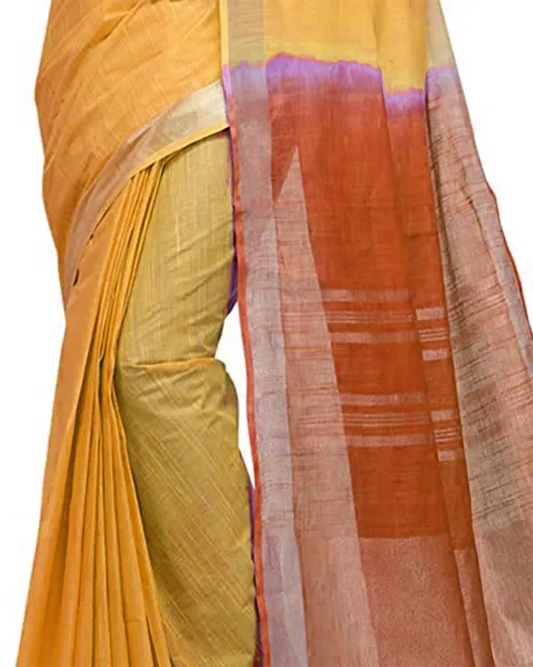 Yellow_&_Mohangni_Orange_women's_Handloom_Bhagalpuri_Cotton_Linen_Blend_Two_Dye_Saree_With_Running_Unstitched_Blouse_Piece