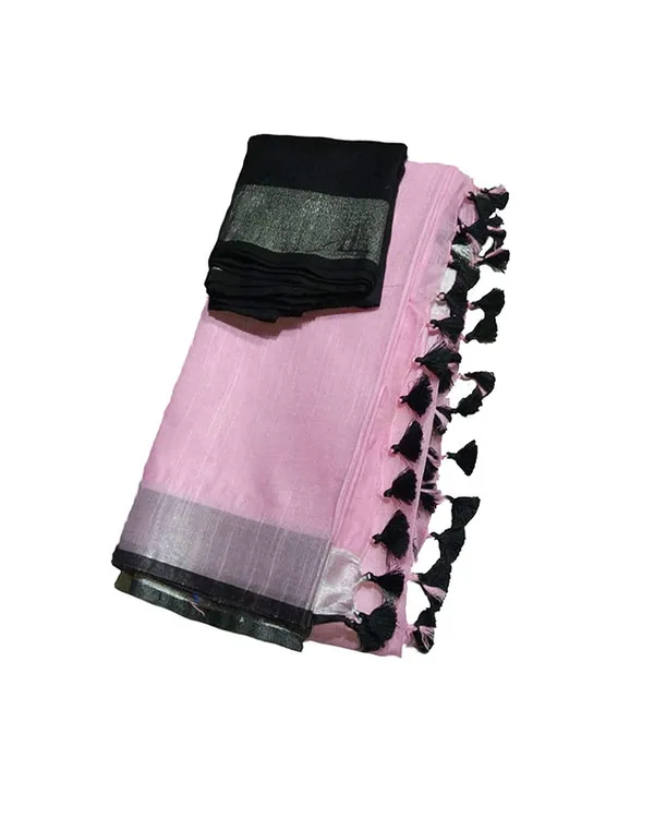 Baby_Pink-Black_women's_Handloom_Bhagalpuri_Cotton_Linen_Blend_Saree_Ethnic_Wear_With_Contrast_Unstitched_Blouse_Piece