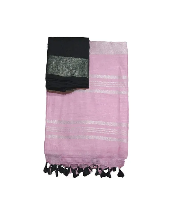 Baby_Pink-Black_women's_Handloom_Bhagalpuri_Cotton_Linen_Blend_Saree_Ethnic_Wear_With_Contrast_Unstitched_Blouse_Piece