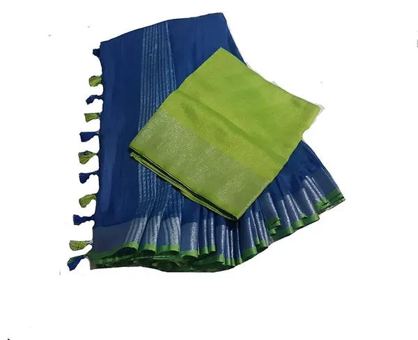 Blue-Parrot_Green_women's_Handloom_Bhagalpuri_Cotton_Linen_Blend_Saree_Ethnic_Wear_With_Contrast_Unstitched_Blouse_Piece