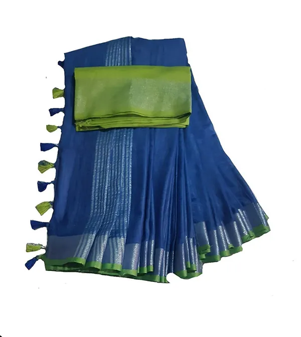 Blue-Parrot_Green_women's_Handloom_Bhagalpuri_Cotton_Linen_Blend_Saree_Ethnic_Wear_With_Contrast_Unstitched_Blouse_Piece