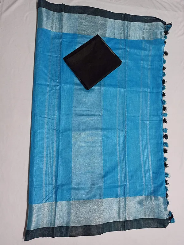 Cyan-Black_women's_Handloom_Bhagalpuri_Cotton_Linen_Blend_Saree_Ethnic_Wear_With_Contrast_Unstitched_Blouse_Piece