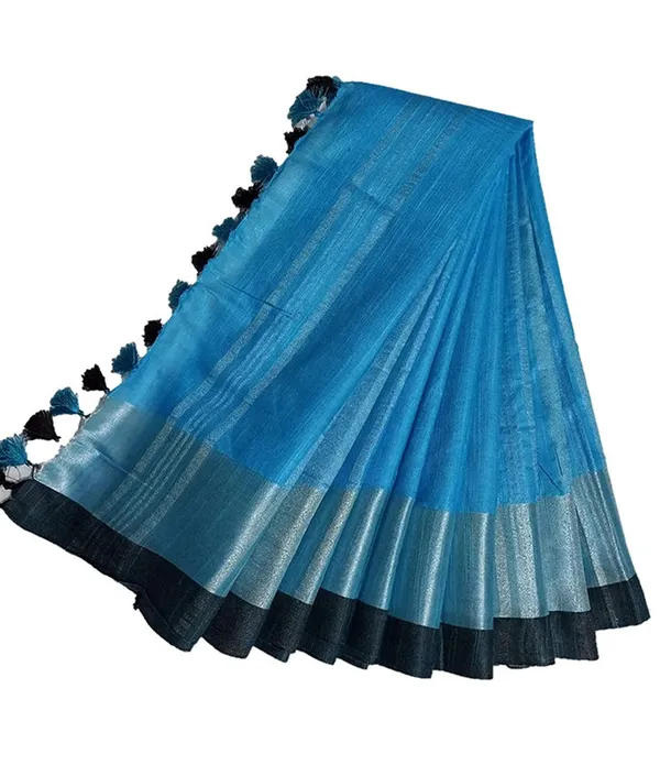 Cyan-Black_women's_Handloom_Bhagalpuri_Cotton_Linen_Blend_Saree_Ethnic_Wear_With_Contrast_Unstitched_Blouse_Piece