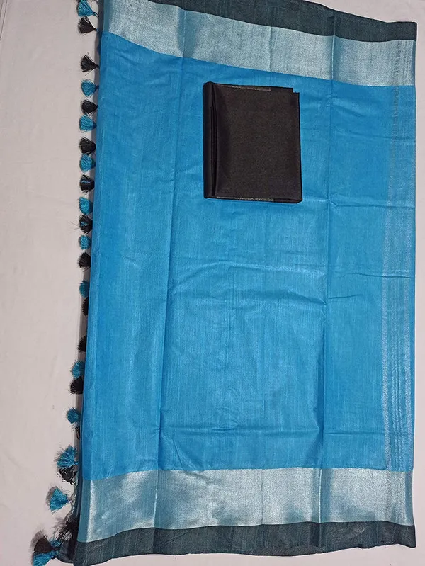 Cyan-Black_women's_Handloom_Bhagalpuri_Cotton_Linen_Blend_Saree_Ethnic_Wear_With_Contrast_Unstitched_Blouse_Piece