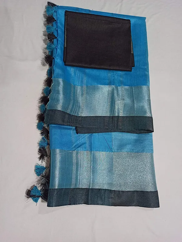 Cyan-Black_women's_Handloom_Bhagalpuri_Cotton_Linen_Blend_Saree_Ethnic_Wear_With_Contrast_Unstitched_Blouse_Piece