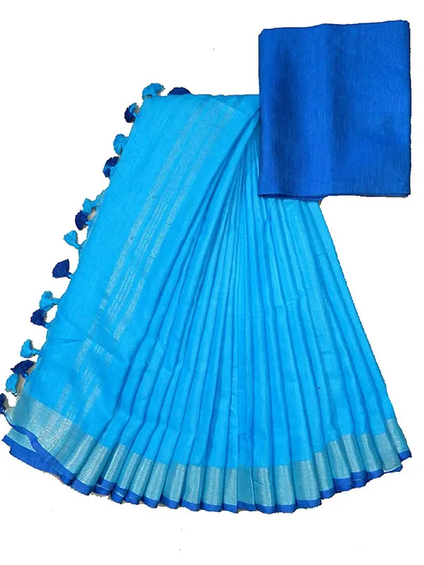 Cyan-Blue_women's_Handloom_Bhagalpuri_Cotton_Linen_Blend_Saree_Ethnic_Wear_With_Contrast_Unstitched_Blouse_Piece
