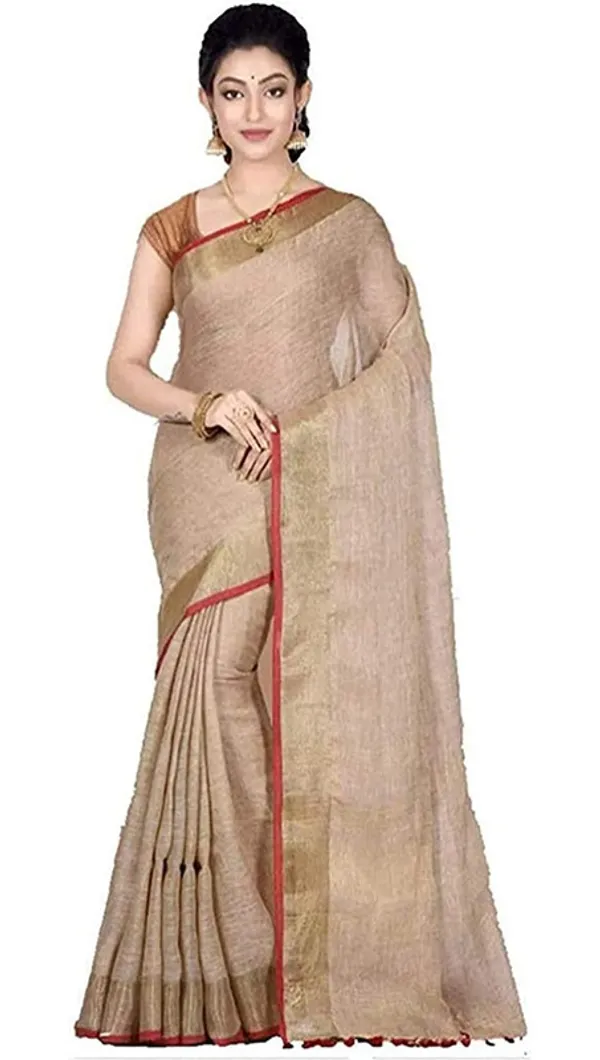 Brown-Red_women's_Handloom_Bhagalpuri_Cotton_Linen_Blend_Saree_Ethnic_Wear_With_Contrast_Unstitched_Blouse_Piece