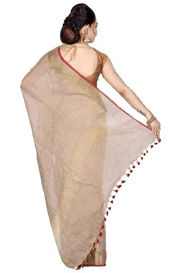 Brown-Red_women's_Handloom_Bhagalpuri_Cotton_Linen_Blend_Saree_Ethnic_Wear_With_Contrast_Unstitched_Blouse_Piece
