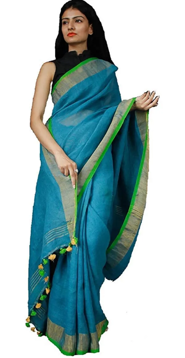 Cyan-Green_women's_Handloom_Bhagalpuri_Linen_Cotton_Blend_Saree_Ethnic_Wear_With_Contrast_Unstitched_Blouse_Piece