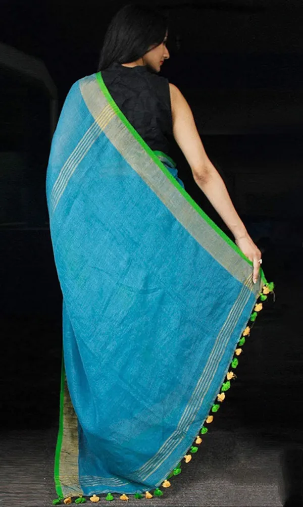 Cyan-Green_women's_Handloom_Bhagalpuri_Linen_Cotton_Blend_Saree_Ethnic_Wear_With_Contrast_Unstitched_Blouse_Piece