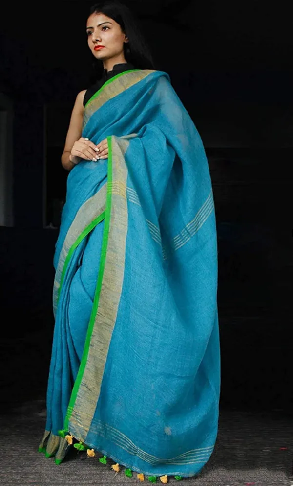 Cyan-Green_women's_Handloom_Bhagalpuri_Linen_Cotton_Blend_Saree_Ethnic_Wear_With_Contrast_Unstitched_Blouse_Piece