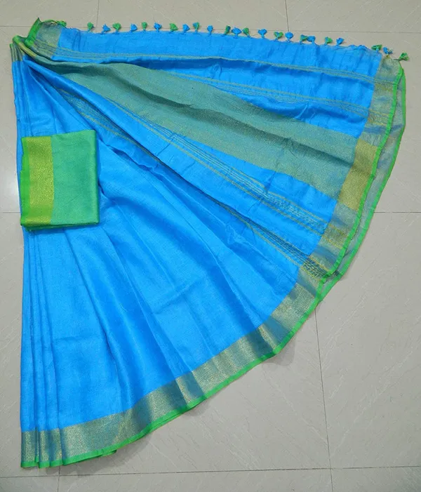 Cyan-Green_women's_Handloom_Bhagalpuri_Linen_Cotton_Blend_Saree_Ethnic_Wear_With_Contrast_Unstitched_Blouse_Piece