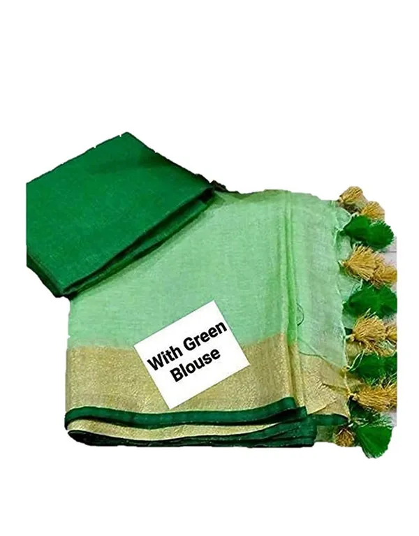 Light_Green-Green_women's_Handloom_Bhagalpuri_Linen_Cotton_Blend_Saree_Ethnic_Wear_With_Contrast_Unstitched_Blouse_Piece
