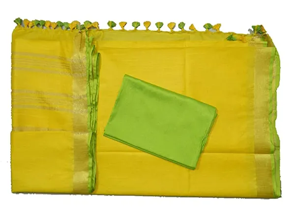 Yellow-Parrot_Green-Gold_women's_Handloom_Bhagalpuri_Linen_Cotton_Blend_Saree_Ethnic_Wear_With_Contrast_Unstitched_Blouse_Piece