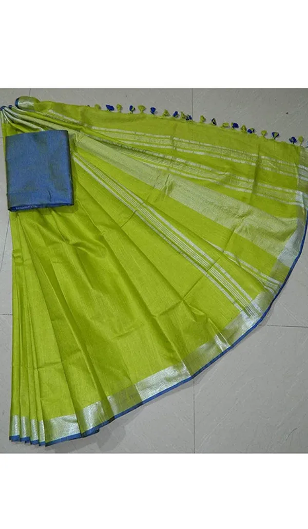 Green-Blue_women's_Handloom_Bhagalpuri_Linen_Cotton_Blend_Saree_Ethnic_Wear_With_Contrast_Unstitched_Blouse_Piece