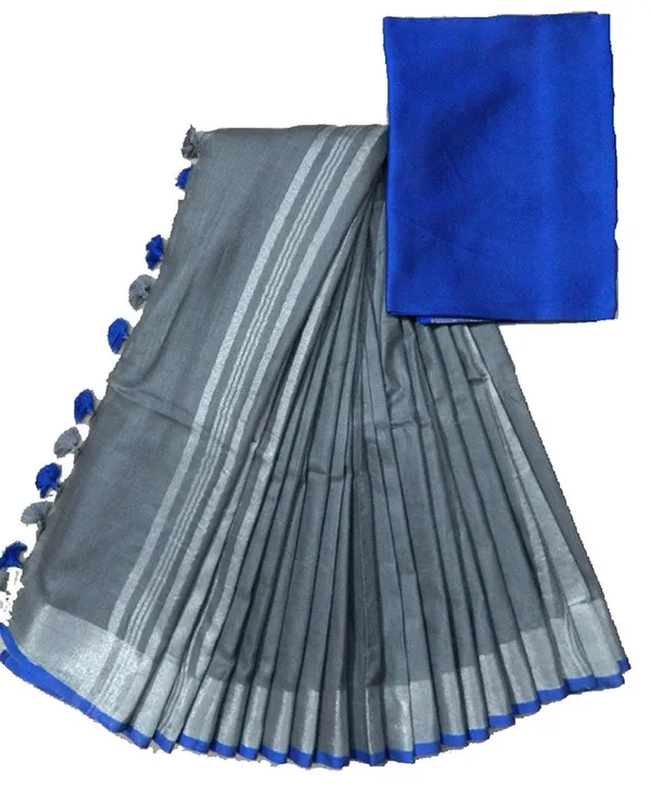 Grey-Blue_women's_Handloom_Bhagalpuri_Linen_Cotton_Blend_Saree_Ethnic_Wear_With_Contrast_Unstitched_Blouse_Piece