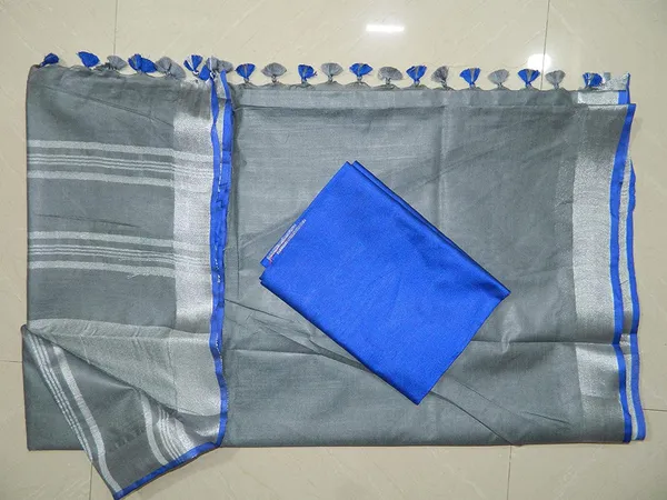 Grey-Blue_women's_Handloom_Bhagalpuri_Linen_Cotton_Blend_Saree_Ethnic_Wear_With_Contrast_Unstitched_Blouse_Piece