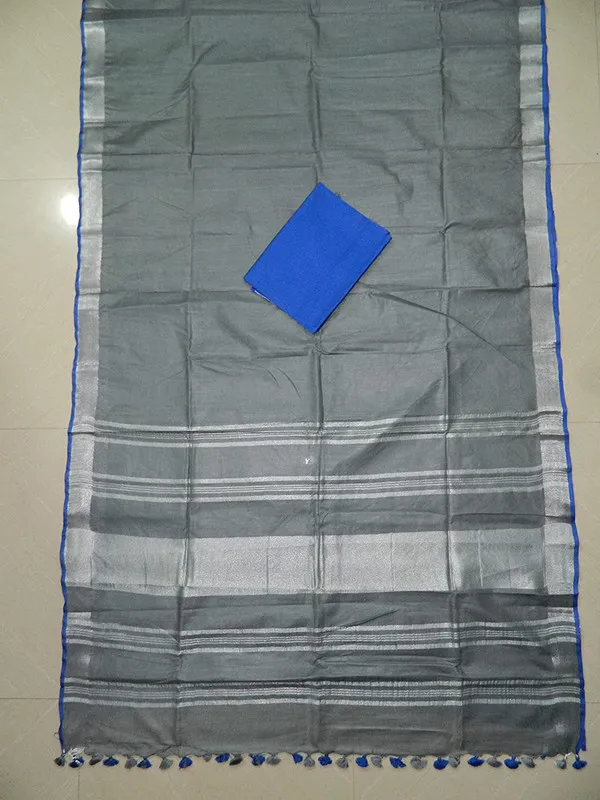 Grey-Blue_women's_Handloom_Bhagalpuri_Linen_Cotton_Blend_Saree_Ethnic_Wear_With_Contrast_Unstitched_Blouse_Piece