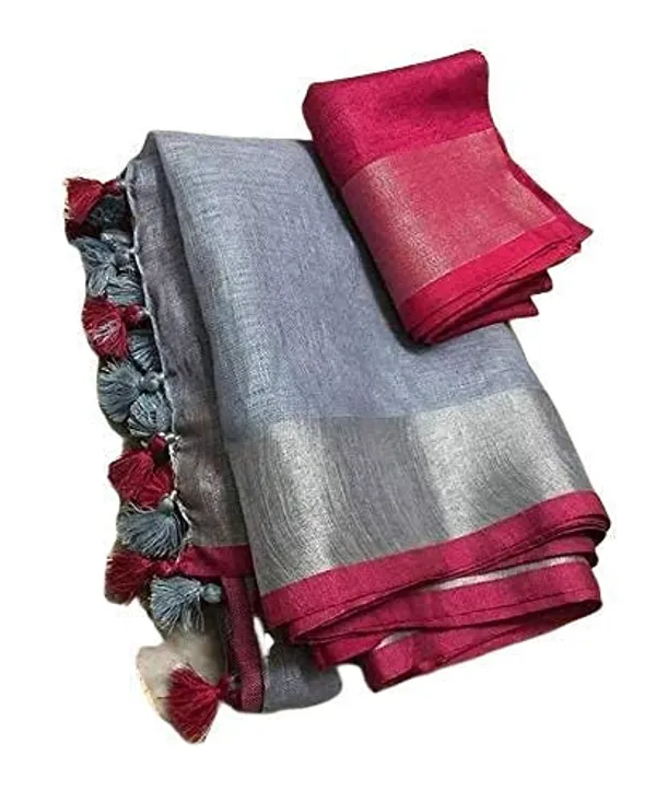 Grey-Pink_women's_Handloom_Bhagalpuri_Linen_Cotton_Blend_Saree_Ethnic_Wear_With_Contrast_Unstitched_Blouse_Piece