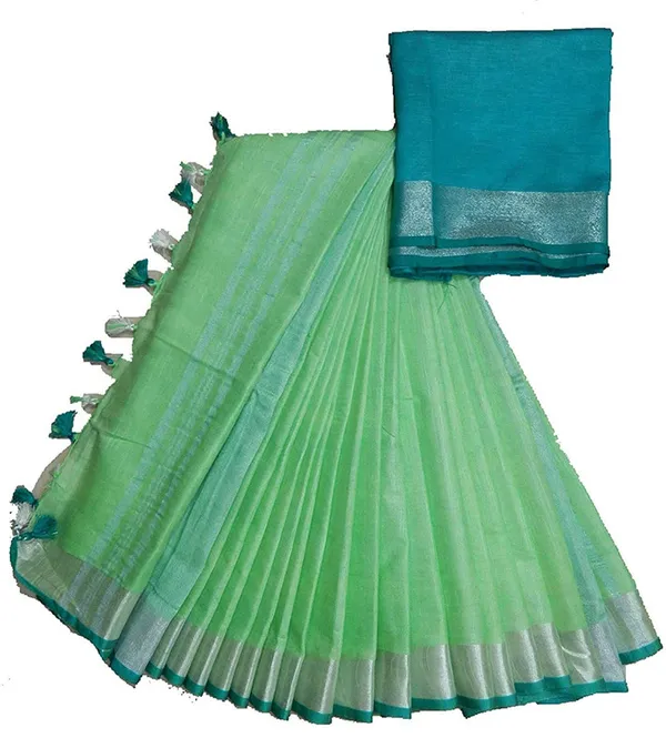 Light_Green-Cyan_women's_Handloom_Bhagalpuri_Linen_Cotton_Blend_Saree_Ethnic_Wear_With_Contrast_Unstitched_Blouse_Piece