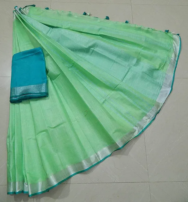 Light_Green-Cyan_women's_Handloom_Bhagalpuri_Linen_Cotton_Blend_Saree_Ethnic_Wear_With_Contrast_Unstitched_Blouse_Piece