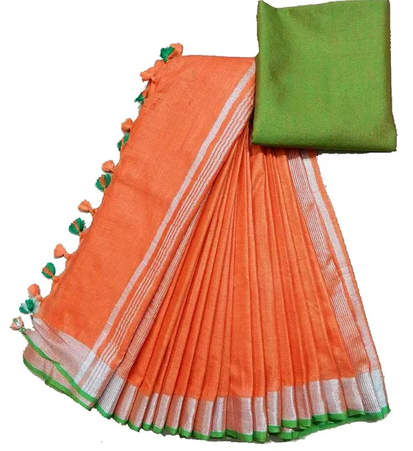 Orange-Green_women's_Handloom_Bhagalpuri_Linen_Cotton_Blend_Saree_Ethnic_Wear_With_Contrast_Unstitched_Blouse_Piece