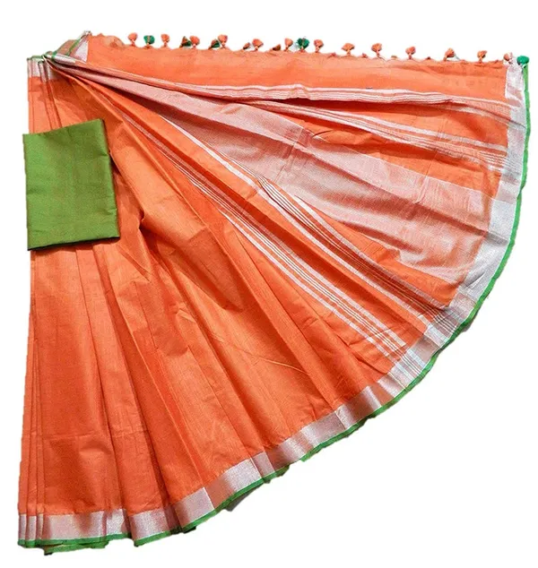 Orange-Green_women's_Handloom_Bhagalpuri_Linen_Cotton_Blend_Saree_Ethnic_Wear_With_Contrast_Unstitched_Blouse_Piece