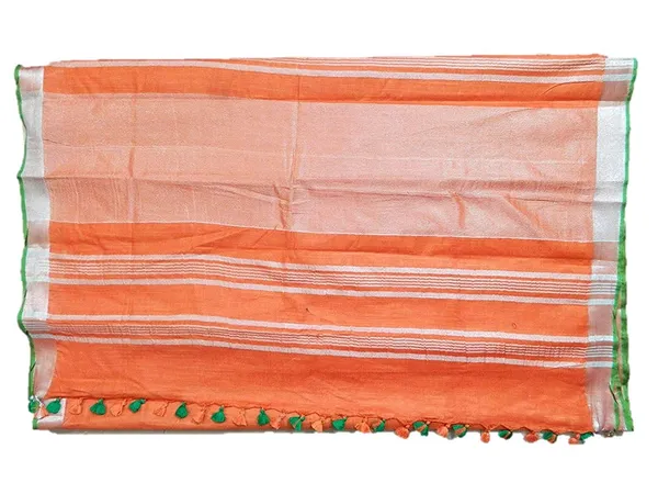 Orange-Green_women's_Handloom_Bhagalpuri_Linen_Cotton_Blend_Saree_Ethnic_Wear_With_Contrast_Unstitched_Blouse_Piece