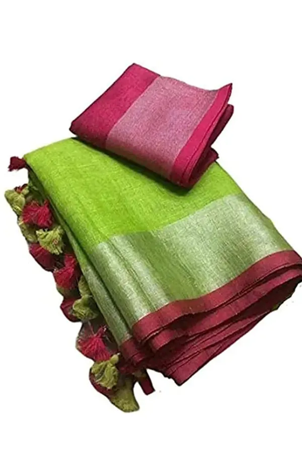 Parrot_Green-Pink_women's_Handloom_Bhagalpuri_Linen_Cotton_Blend_Saree_Ethnic_Wear_With_Contrast_Unstitched_Blouse_Piece