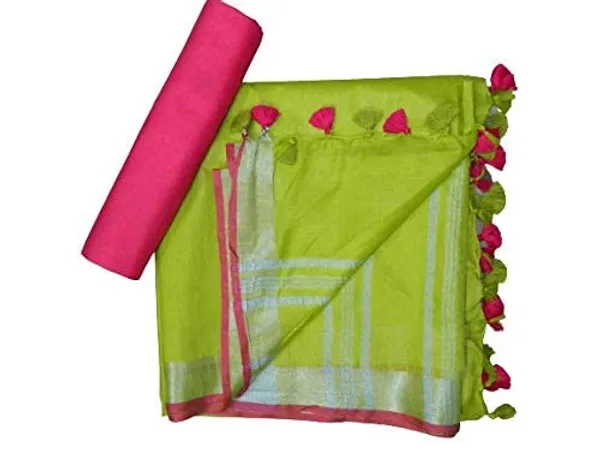Parrot_Green-Pink_women's_Handloom_Bhagalpuri_Linen_Cotton_Blend_Saree_Ethnic_Wear_With_Contrast_Unstitched_Blouse_Piece