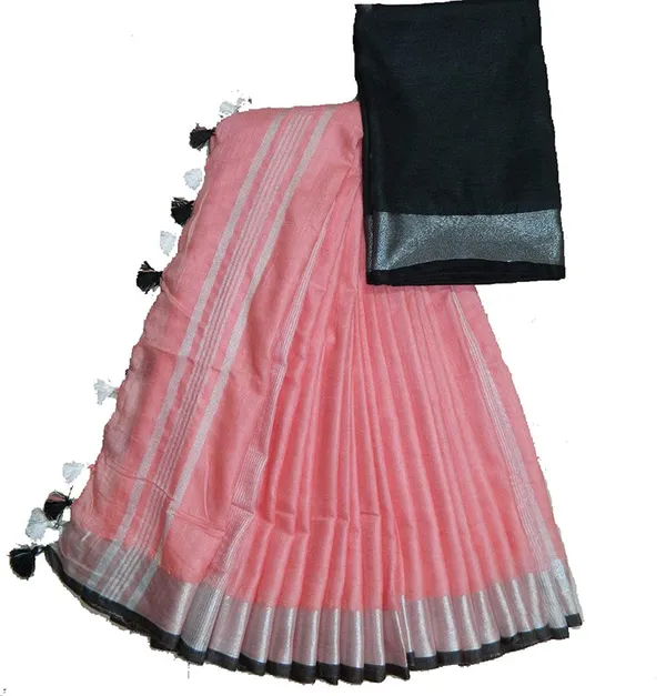 Pink-Black_women's_Handloom_Bhagalpuri_Cotton_Linen_Blend_Saree_Ethnic_Wear_With_Contrast_Unstitched_Blouse_Piece