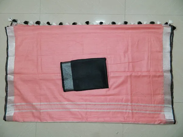 Pink-Black_women's_Handloom_Bhagalpuri_Cotton_Linen_Blend_Saree_Ethnic_Wear_With_Contrast_Unstitched_Blouse_Piece
